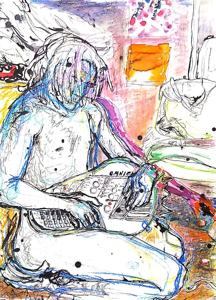 colorful ink figuredrawing of a man playing omnichord